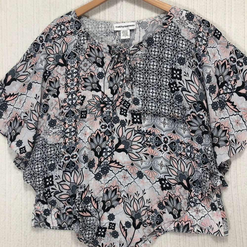 Cathy Daniels Floral Print Flutter Sleeve Tie Neck Blouse Top